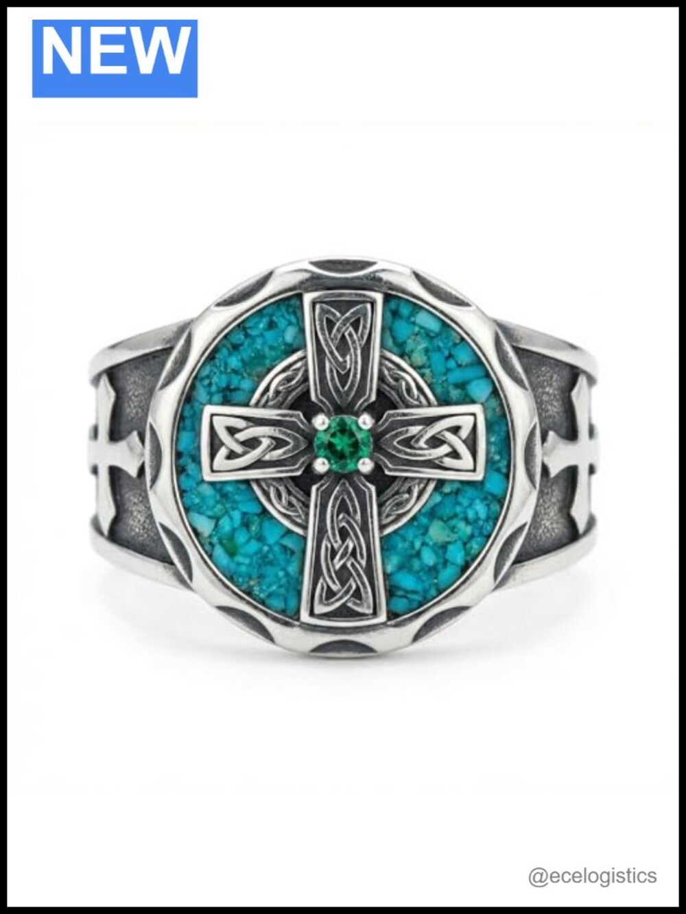 18k White Gold Plated Celtic Knot Cross Ring Signet Men Religious